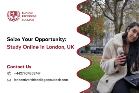 Study Online in London Study Online in London, UK - A student studying with London’s skyline behind them. London Riverside College