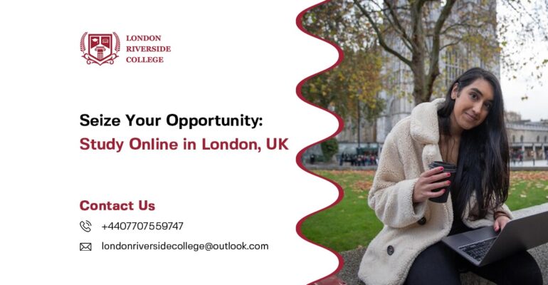 Study Online in London Study Online in London, UK - A student studying with London’s skyline behind them. London Riverside College