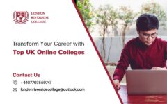 A professional on a laptop, confidently advancing their career with an online degree from a UK college London riverside college Top UK Online Colleges