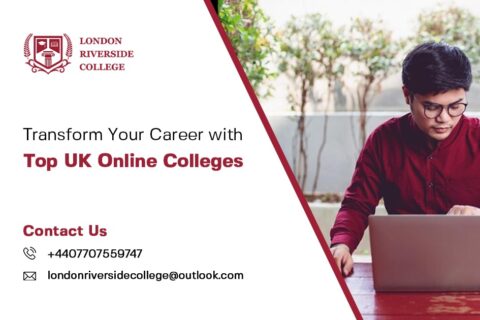 A professional on a laptop, confidently advancing their career with an online degree from a UK college London riverside college Top UK Online Colleges