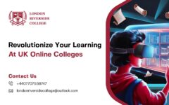 A student attending an online class on a laptop, symbolizing the innovation of UK online colleges. Online college london riversode college